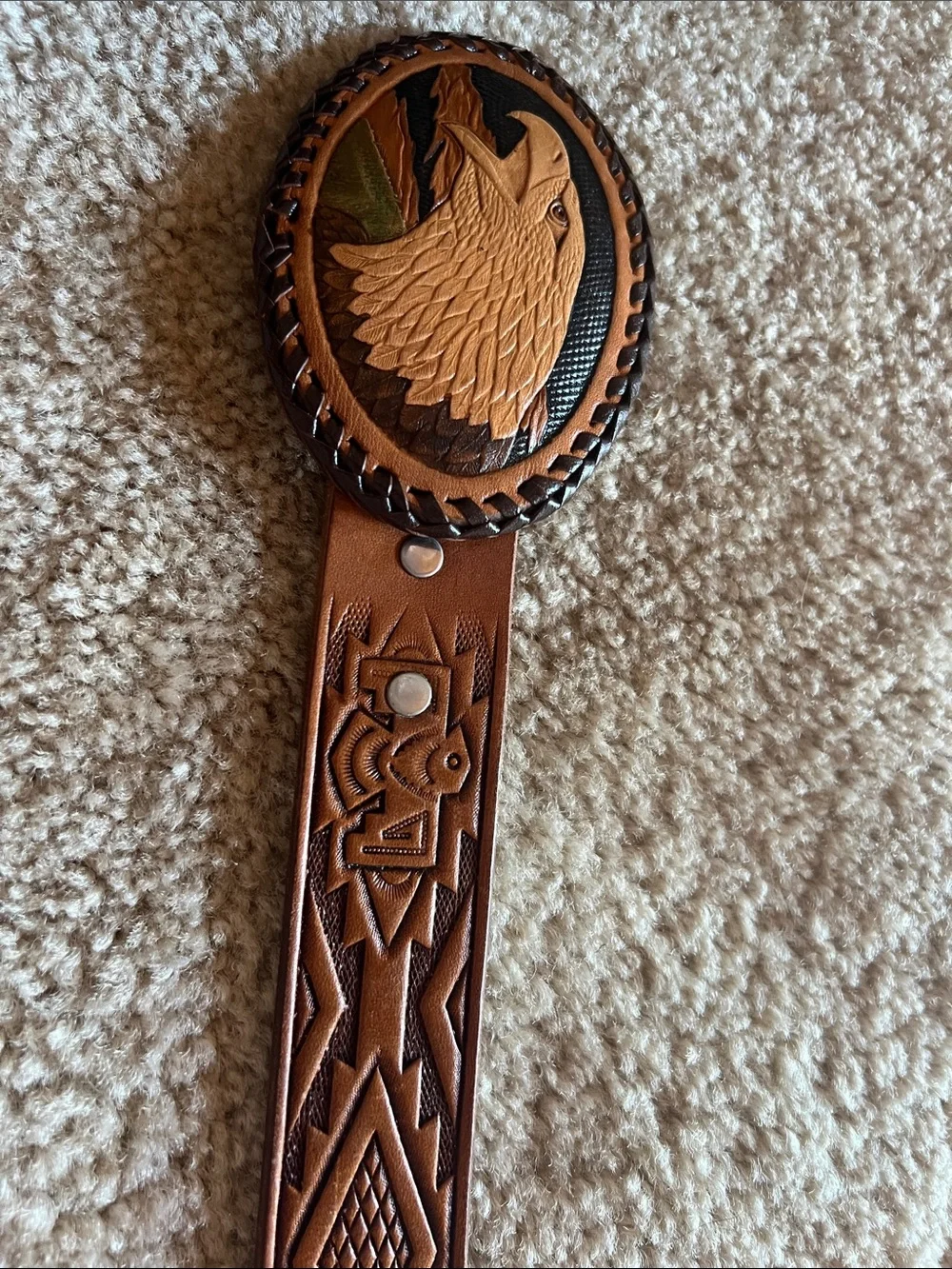 Hand finished Brown belt,genuine leather, Aztec design, eagle buckle